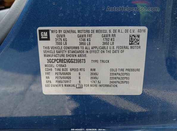 3GCPCREC9GG239873 2016 CHEVROLET SILVERADO Синий Вид подкапотного пространства