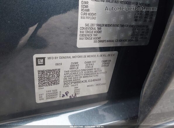 3GCPWBEK3LG149439 2020 CHEVROLET SILVERADO Gray 