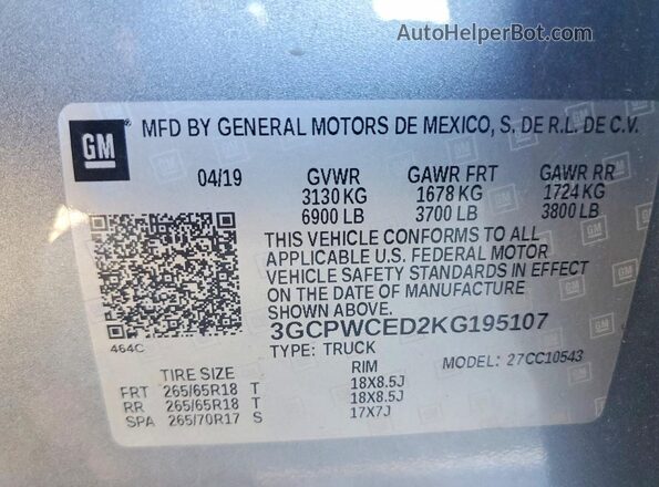 3GCPWCED2KG195107 2019 CHEVROLET SILVERADO Серый Вид подкапотного пространства