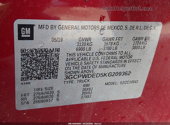 3GCPWDED5KG209362 2019 CHEVROLET SILVERADO Burgundy Շարժիչի բաժամունքի տեսք