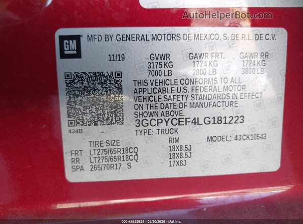 3GCPYCEF4LG181223 2020 CHEVROLET SILVERADO Red Շարժիչի բաժամունքի տեսք