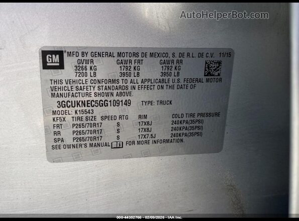 3GCUKNEC5GG109149 2016 CHEVROLET SILVERADO Silver 