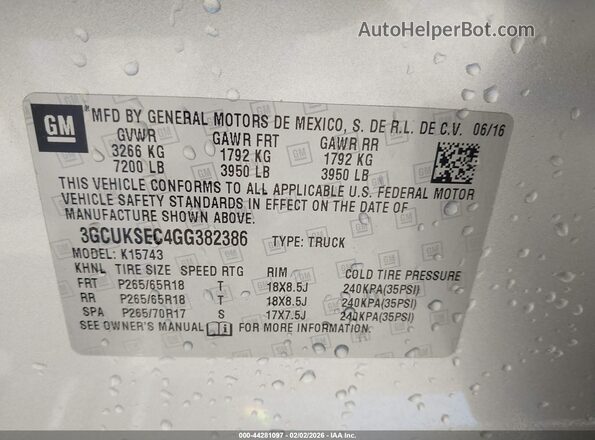 3GCUKSEC4GG382386 2016 CHEVROLET SILVERADO Silver Вид підкапотного простору
