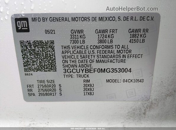 3GCUYBEF0MG353004 2021 CHEVROLET SILVERADO White Вид підкапотного простору