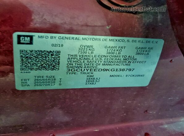 3GCUYEED9KG138797 2019 CHEVROLET 1500 Бордовый Вид подкапотного пространства