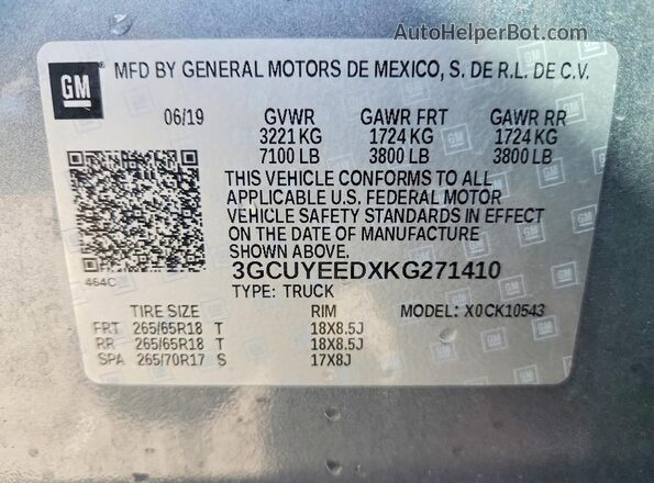 3GCUYEEDXKG271410 2019 CHEVROLET SILVERADO Gray 