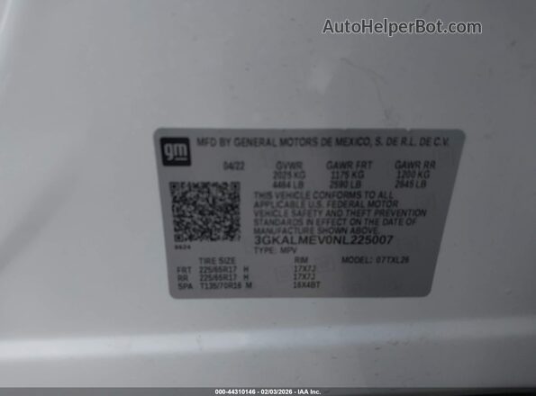 3GKALMEV0NL225007 2022 GMC TERRAIN White ძრავის განყოფილების ხედი