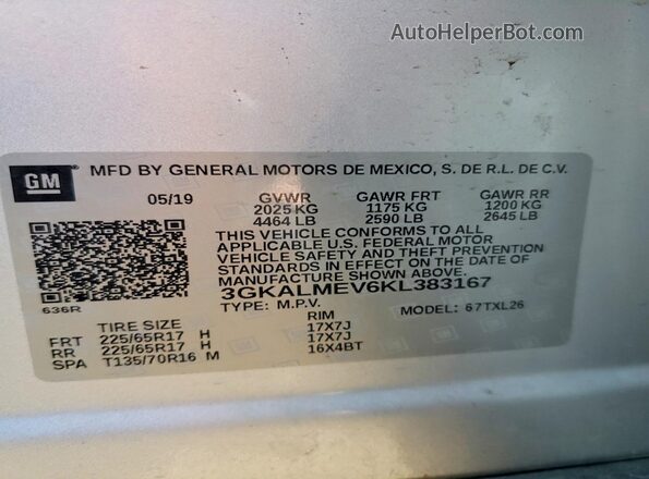 3GKALMEV6KL383167 2019 GMC TERRAIN Silver 
