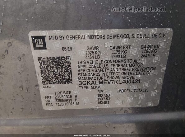 3GKALMEV7KL400431 2019 GMC TERRAIN Серый 