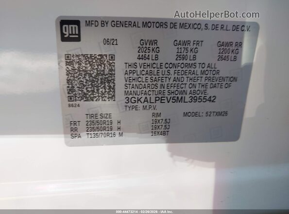 3GKALPEV5ML395542 2021 GMC TERRAIN White Engine compartment view