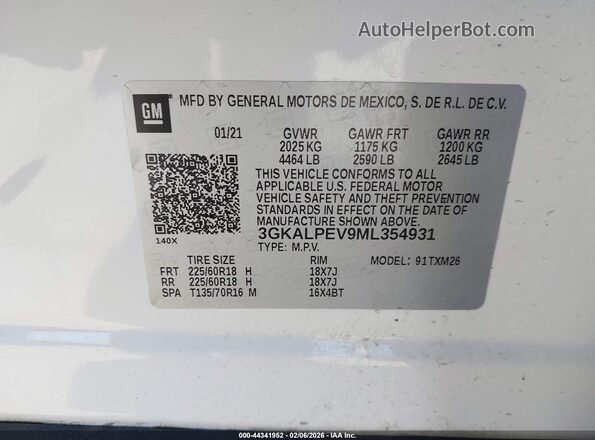 3GKALPEV9ML354931 2021 GMC TERRAIN White ძრავის განყოფილების ხედი
