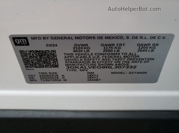 3GKALVEG9RL307332 2024 GMC TERRAIN White VIN կոդի պիտակի տեսք