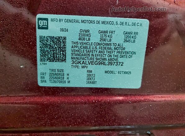 3GKALVEG9RL397372 2024 GMC TERRAIN Красный Вид наклейки с VIN-кодом