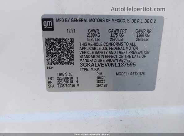 3GKALVEV0NL137595 2022 GMC TERRAIN White Vista del compartimento del motor