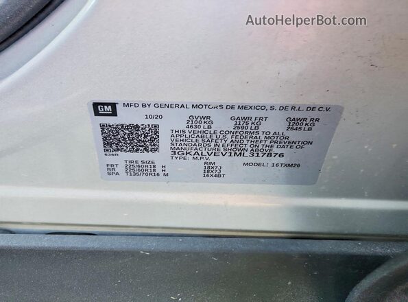 3GKALVEV1ML317876 2021 GMC TERRAIN Silver 