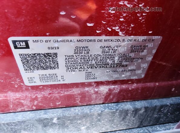 3GKALVEV3KL317763 2019 GMC TERRAIN Burgundy Widok naklejki z numerem VIN
