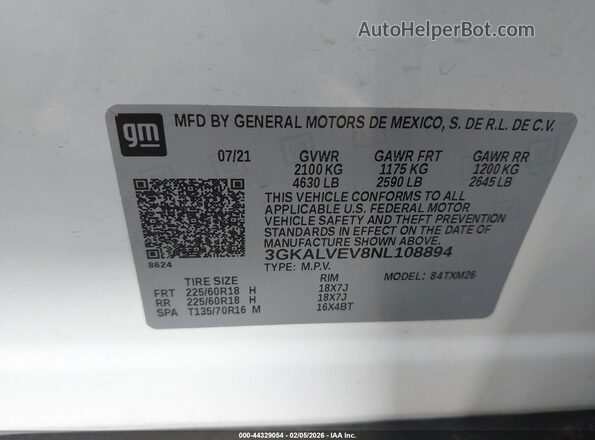 3GKALVEV8NL108894 2022 GMC TERRAIN White ძრავის განყოფილების ხედი