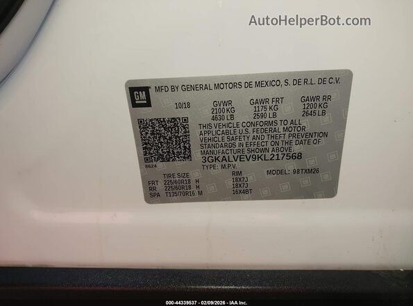 3GKALVEV9KL217568 2019 GMC TERRAIN White 
