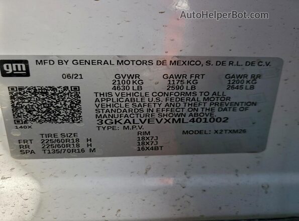 3GKALVEVXML401002 2021 GMC TERRAIN White Vista del compartimento del motor
