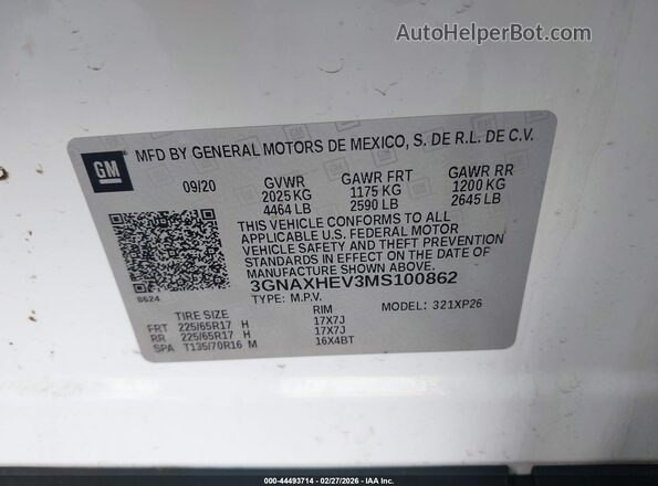 3GNAXHEV3MS100862 2021 CHEVROLET EQUINOX White Vista del compartimento del motor