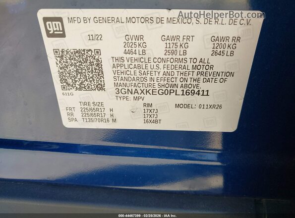 3GNAXKEG0PL169411 2023 CHEVROLET EQUINOX Blue Вид підкапотного простору