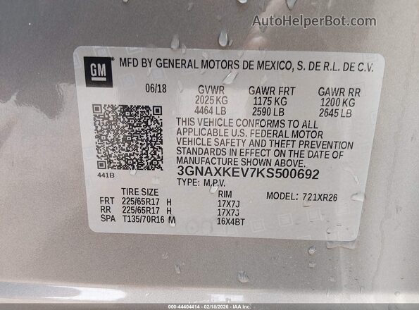 3GNAXKEV7KS500692 2019 CHEVROLET EQUINOX Серебряный Вид подкапотного пространства