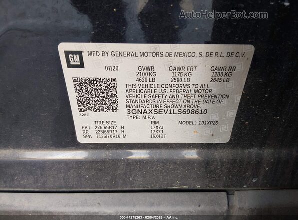 3GNAXSEV1LS698610 2020 CHEVROLET EQUINOX Blue Vista del compartimento del motor