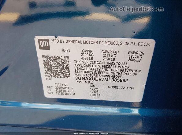 3GNAXUEV7ML385892 2021 CHEVROLET EQUINOX Синий Вид подкапотного пространства