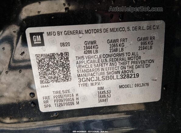 3GNCJLSB0LL328219 2020 CHEVROLET TRAX Black Vista del compartimento del motor
