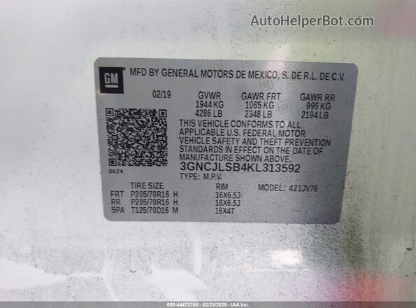 3GNCJLSB4KL313592 2019 CHEVROLET TRAX Белый Вид подкапотного пространства