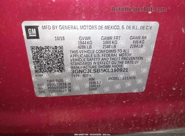 3GNCJLSB5KL190921 2019 CHEVROLET TRAX Red 