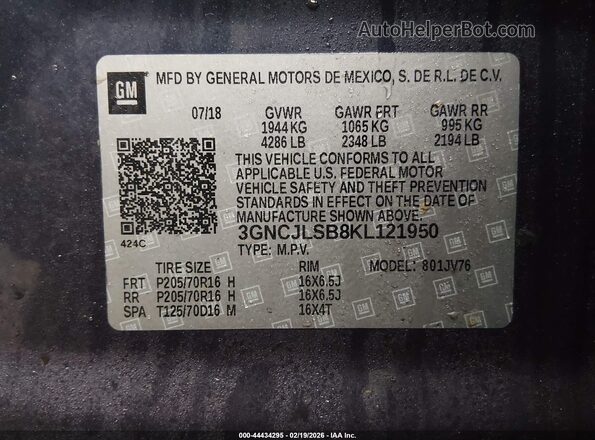 3GNCJLSB8KL121950 2019 CHEVROLET TRAX Синий Вид подкапотного пространства
