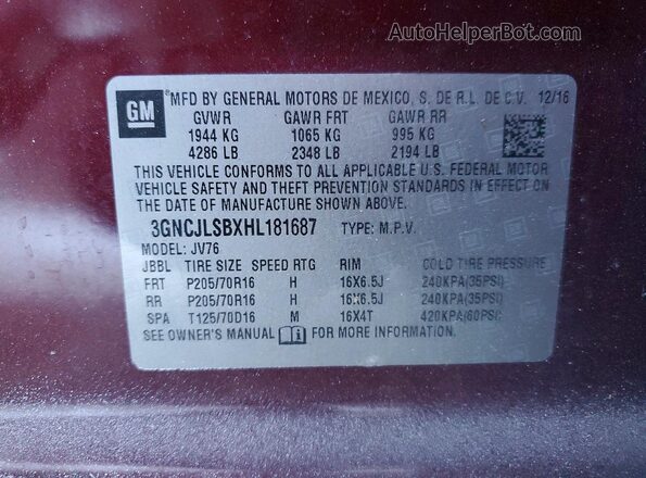 3GNCJLSBXHL181687 2017 CHEVROLET TRAX Бордовый Вид наклейки с VIN-кодом