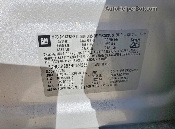 3GNCJPSB3HL144262 2017 CHEVROLET TRAX Silver Widok naklejki z numerem VIN