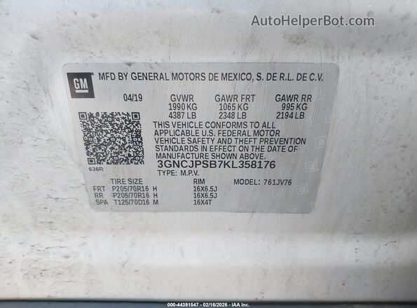 3GNCJPSB7KL358176 2019 CHEVROLET TRAX Silver Շարժիչի բաժամունքի տեսք
