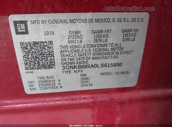 3GNKBBRA0LS615890 2020 CHEVROLET BLAZER Red Vista del compartimento del motor