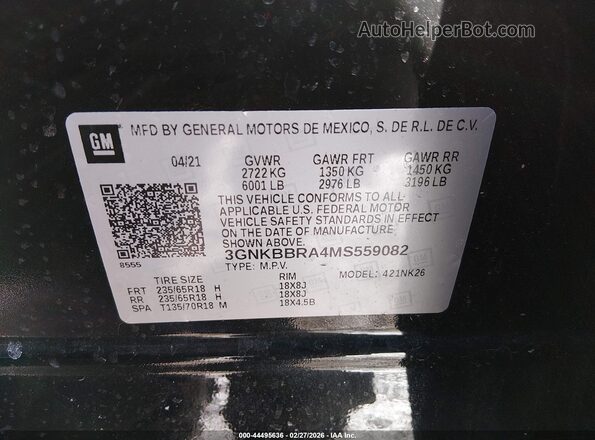 3GNKBBRA4MS559082 2021 CHEVROLET BLAZER Black Widok komory silnika