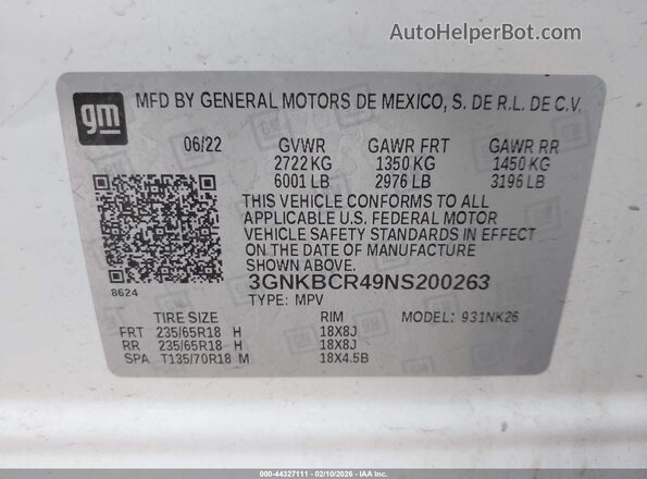 3GNKBCR49NS200263 2022 CHEVROLET BLAZER White Vista del compartimento del motor