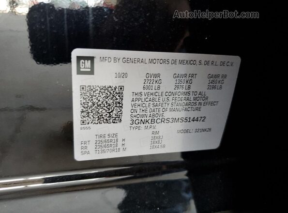 3GNKBCRS3MS514472 2021 CHEVROLET BLAZER Black Вид наклейки з VIN-кодом