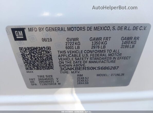 3GNKBERS0KS686287 2019 CHEVROLET BLAZER White 