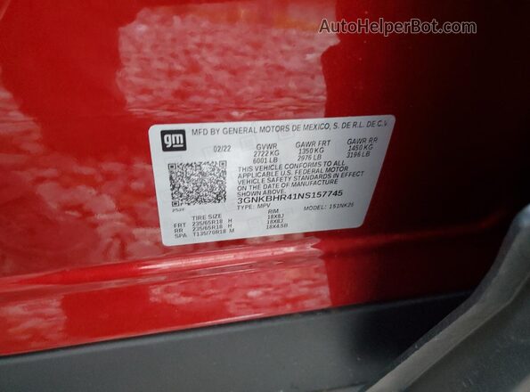3GNKBHR41NS157745 2022 CHEVROLET BLAZER Burgundy Vista de la etiqueta del VIN