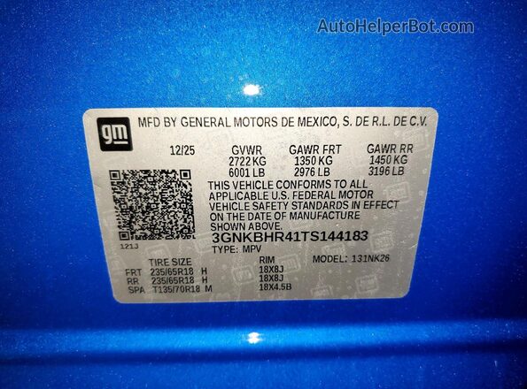 3GNKBHR41TS144183 2026 CHEVROLET BLAZER Blue VIN კოდის სტიკერის ხედი
