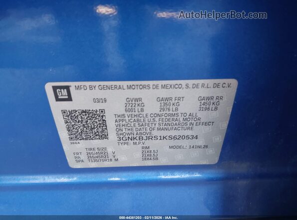3GNKBJRS1KS620534 2019 CHEVROLET BLAZER Синий Вид подкапотного пространства
