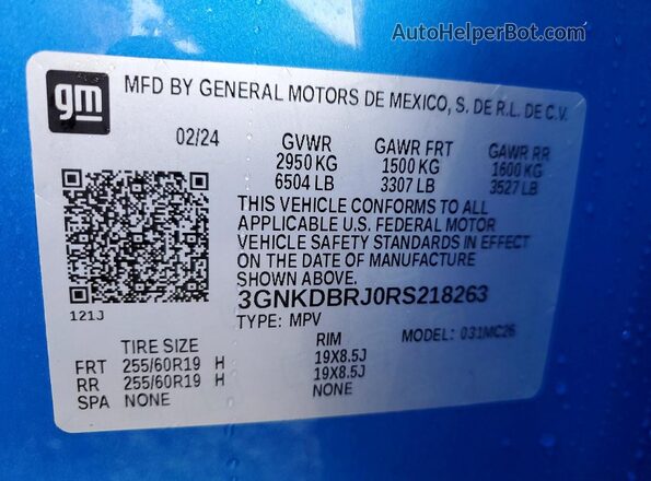 3GNKDBRJ0RS218263 2024 CHEVROLET BLAZER Blue Vista de la etiqueta del VIN