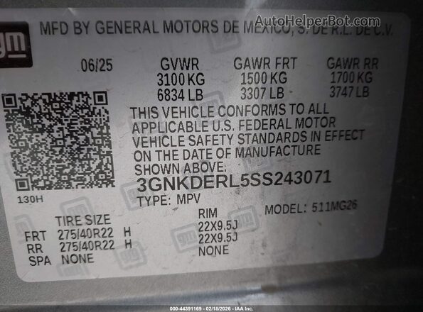 3GNKDERL5SS243071 2025 CHEVROLET OTHER Gray Engine compartment view