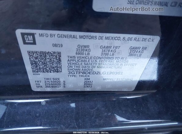 3GTP8DED2LG120361 2020 GMC SIERRA Black ძრავის განყოფილების ხედი