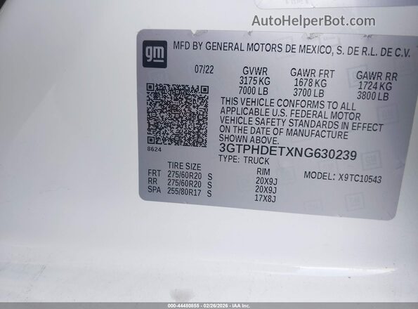 3GTPHDETXNG630239 2022 GMC SIERRA White ძრავის განყოფილების ხედი
