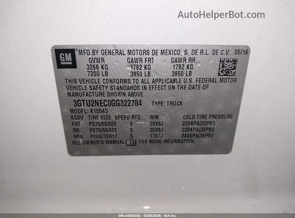 3GTU2NEC0GG322784 2016 GMC SIERRA White Widok komory silnika
