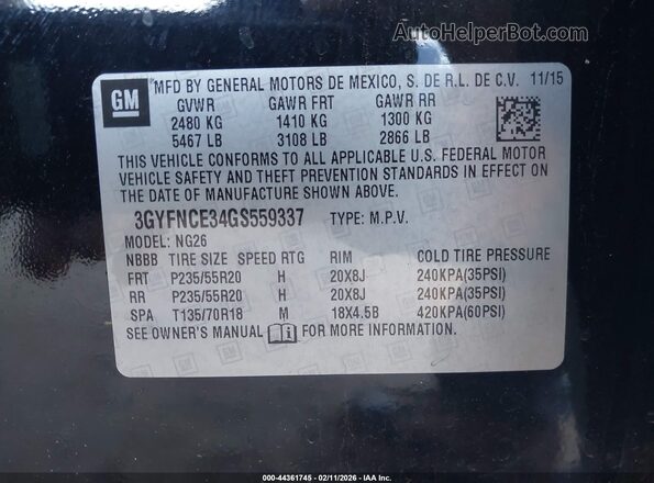 3GYFNCE34GS559337 2016 CADILLAC SRX Черный Вид подкапотного пространства