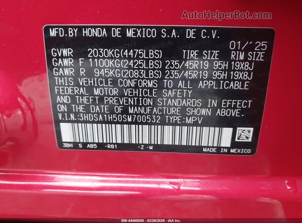 3HDSA1H50SM700532 2025 ACURA ADX Red Vista del compartimento del motor